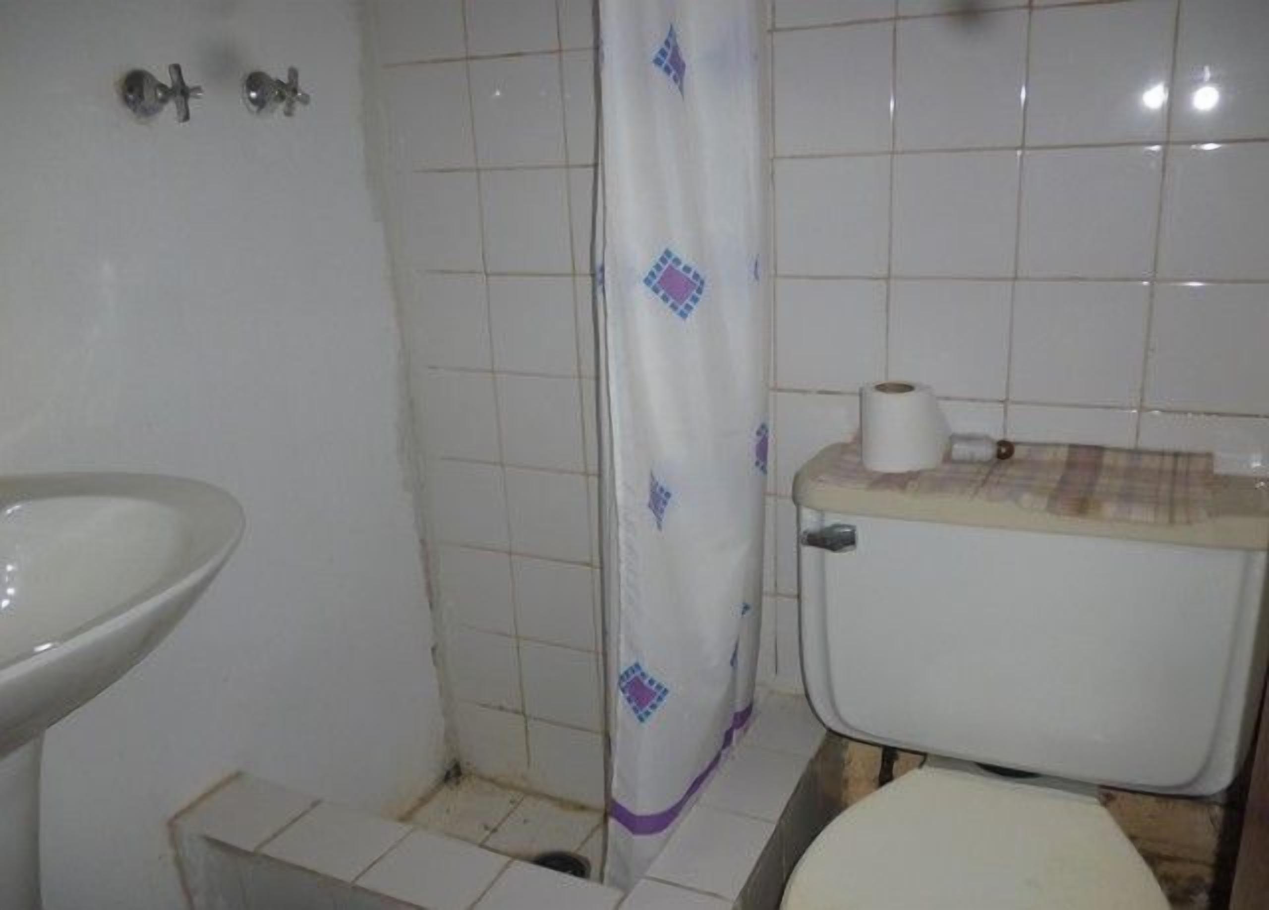 A small bathroom with a toilet, a sink, and a shower curtain.
