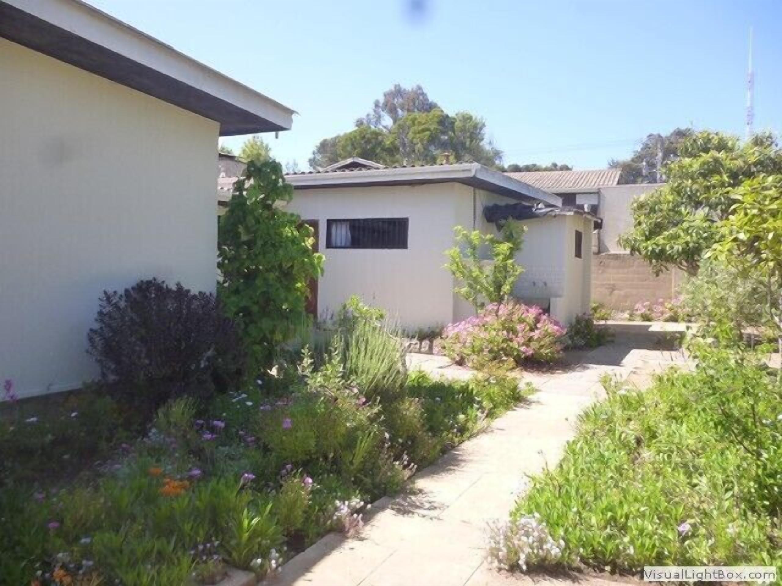A residential area with houses, a pathway, and various plants and flowers.