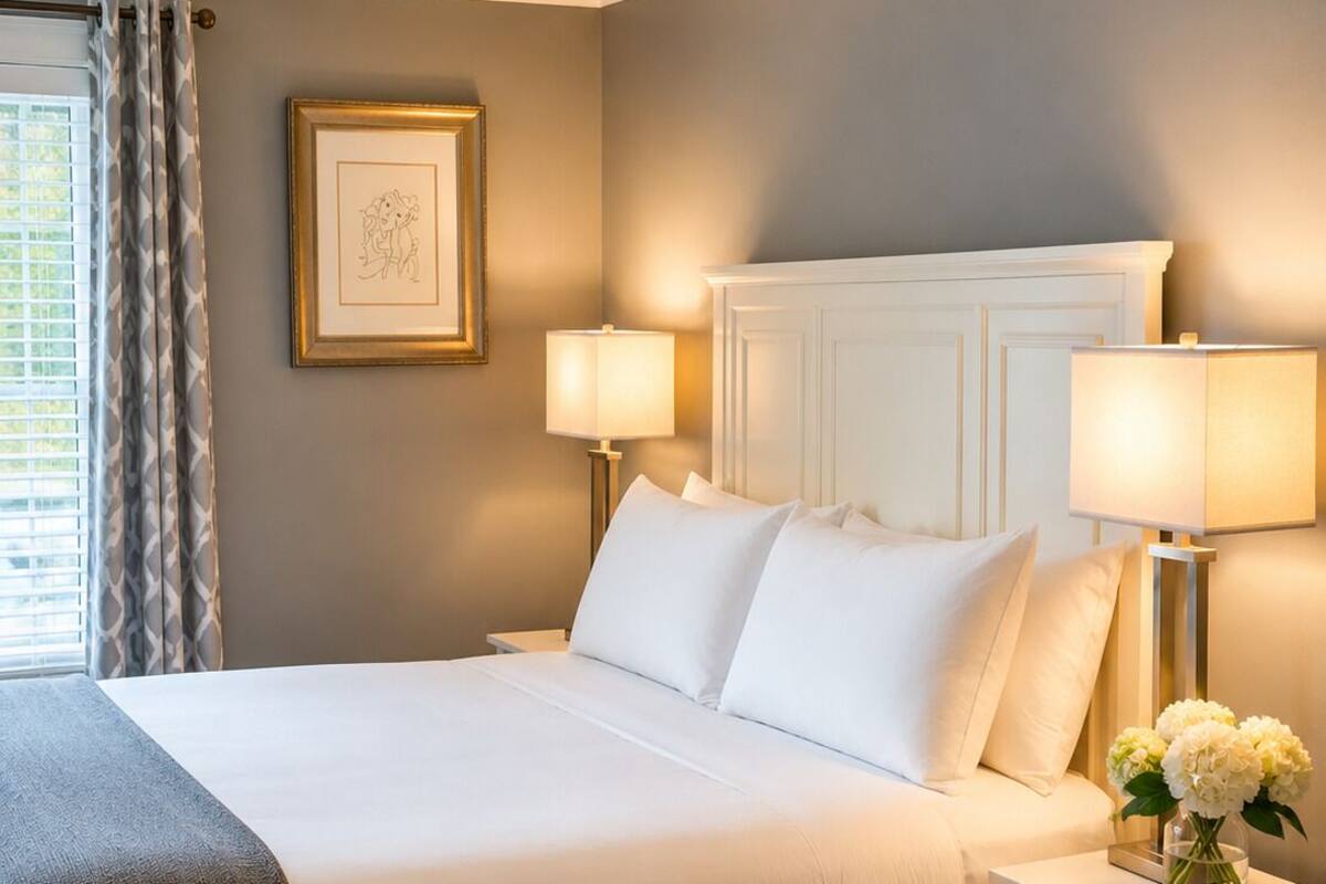 A neatly made bed with white linens, a bedside table with a lamp, and a framed picture on the wall.