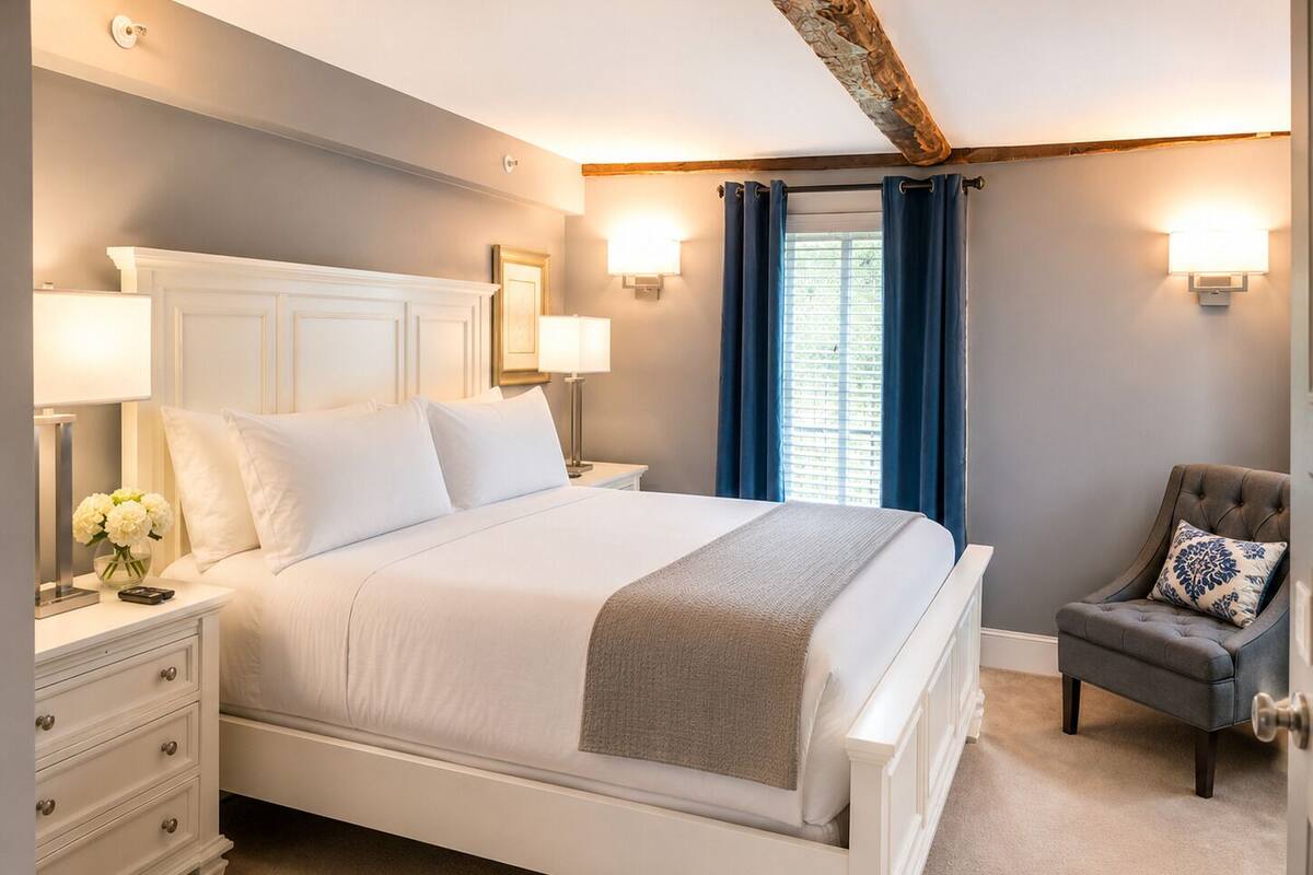 A bedroom with a bed, bedside tables, a chair, and a window with curtains.