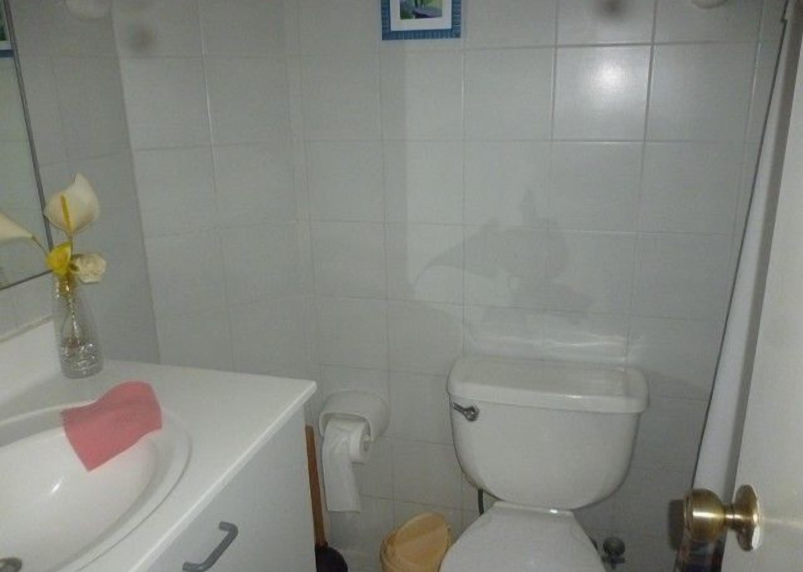 Ein Badezimmer mit Toilette, Waschbecken und Spiegel.