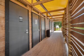 Shower, free toiletries, towels, soap