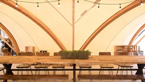 Une grande table en bois rustique, avec des bancs, entourée de plantes en pot et illuminée de guirlandes lumineuses.