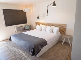 Desk, laptop workspace, free WiFi, bed sheets