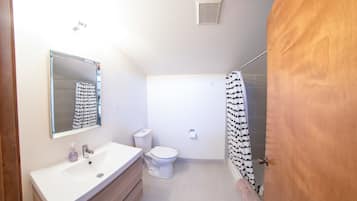 A bathroom with a sink, mirror, toilet, and shower curtain.