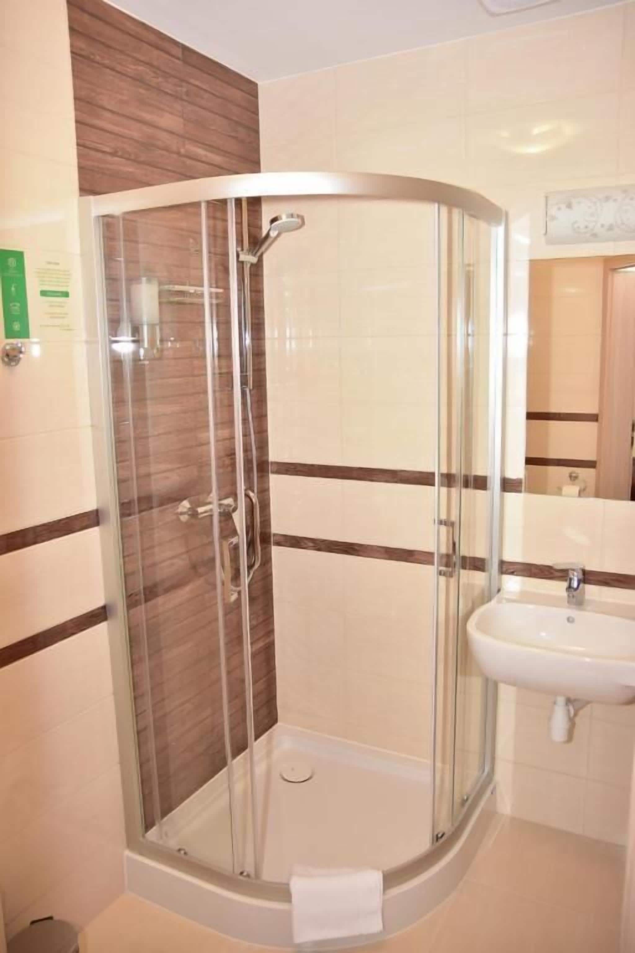 A corner shower with a glass door, a sink, and a mirror.