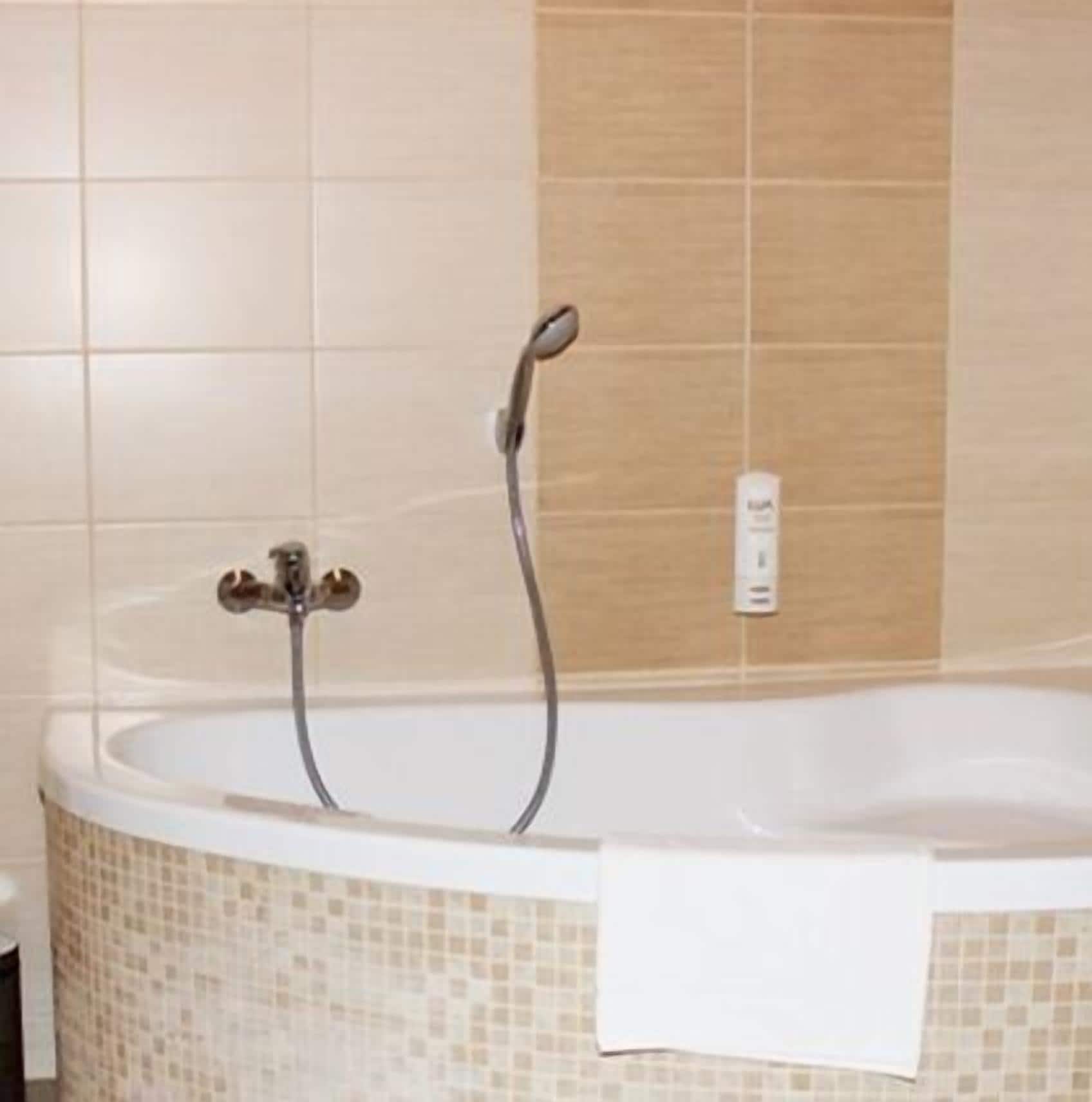 A bathroom with a freestanding bathtub, a handheld showerhead, and a towel hanging on the wall.