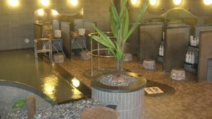 A spa area with a hot tub, seating, and a small plant in the center. - Refre Forum (Tokyo)
