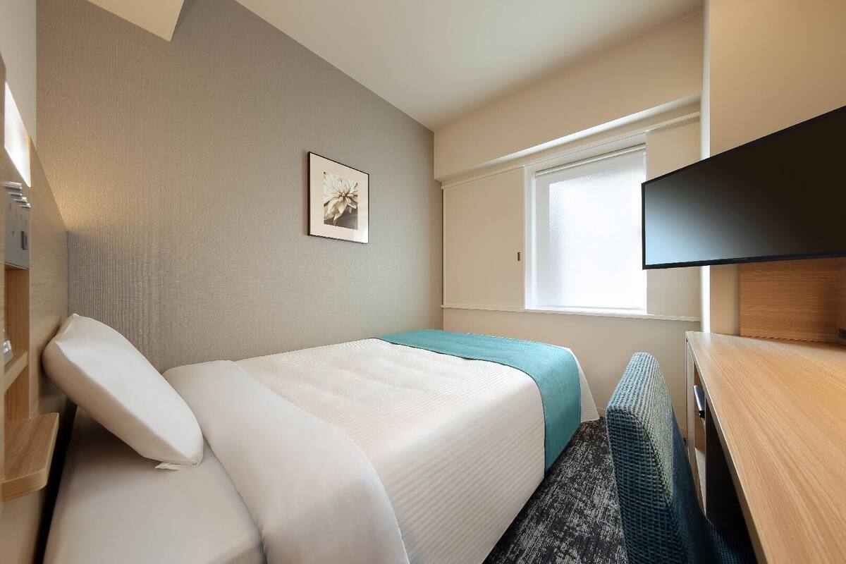 A compact hotel room with a bed, a small desk, a television, and a window.