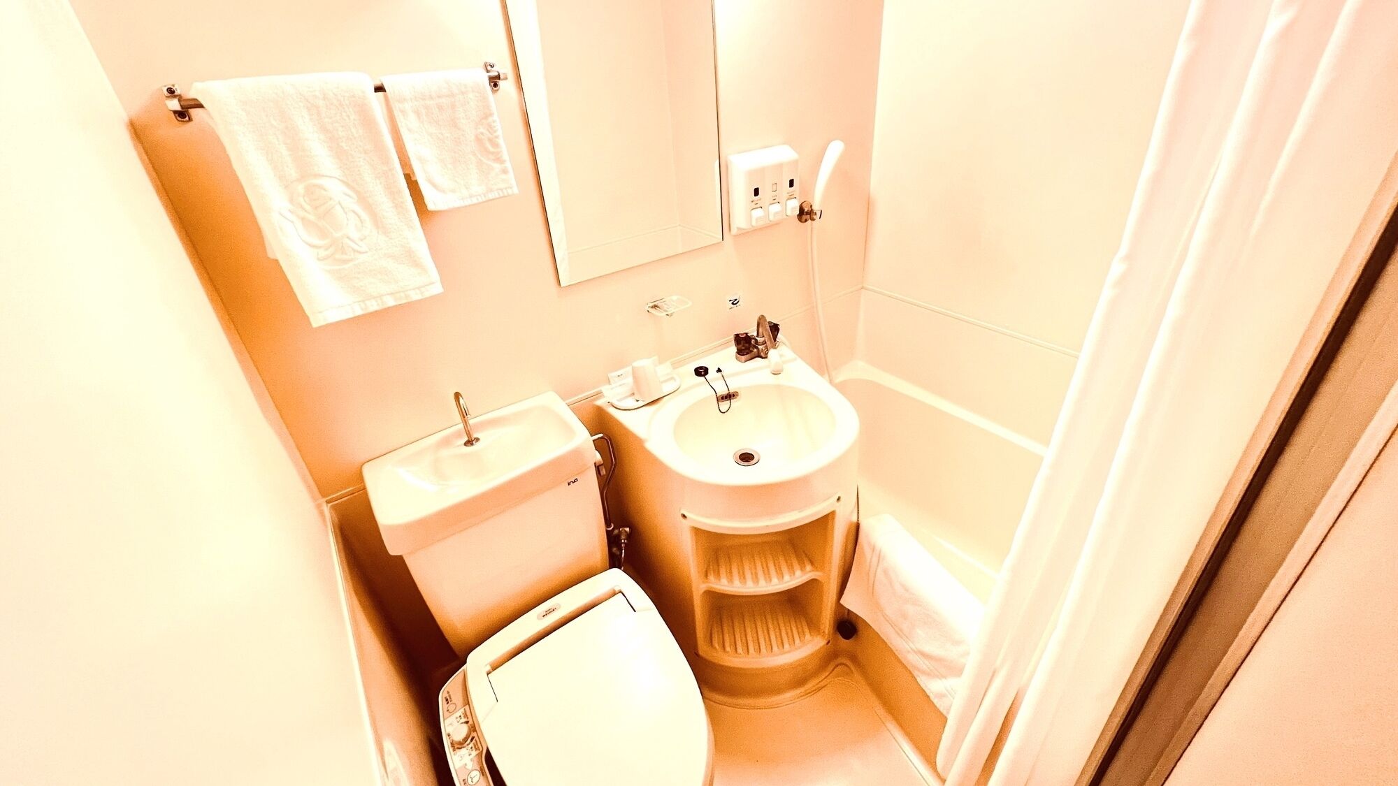 A small bathroom with a toilet, sink, and mirror.