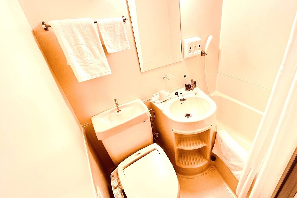 A small bathroom with a toilet, sink, and mirror.