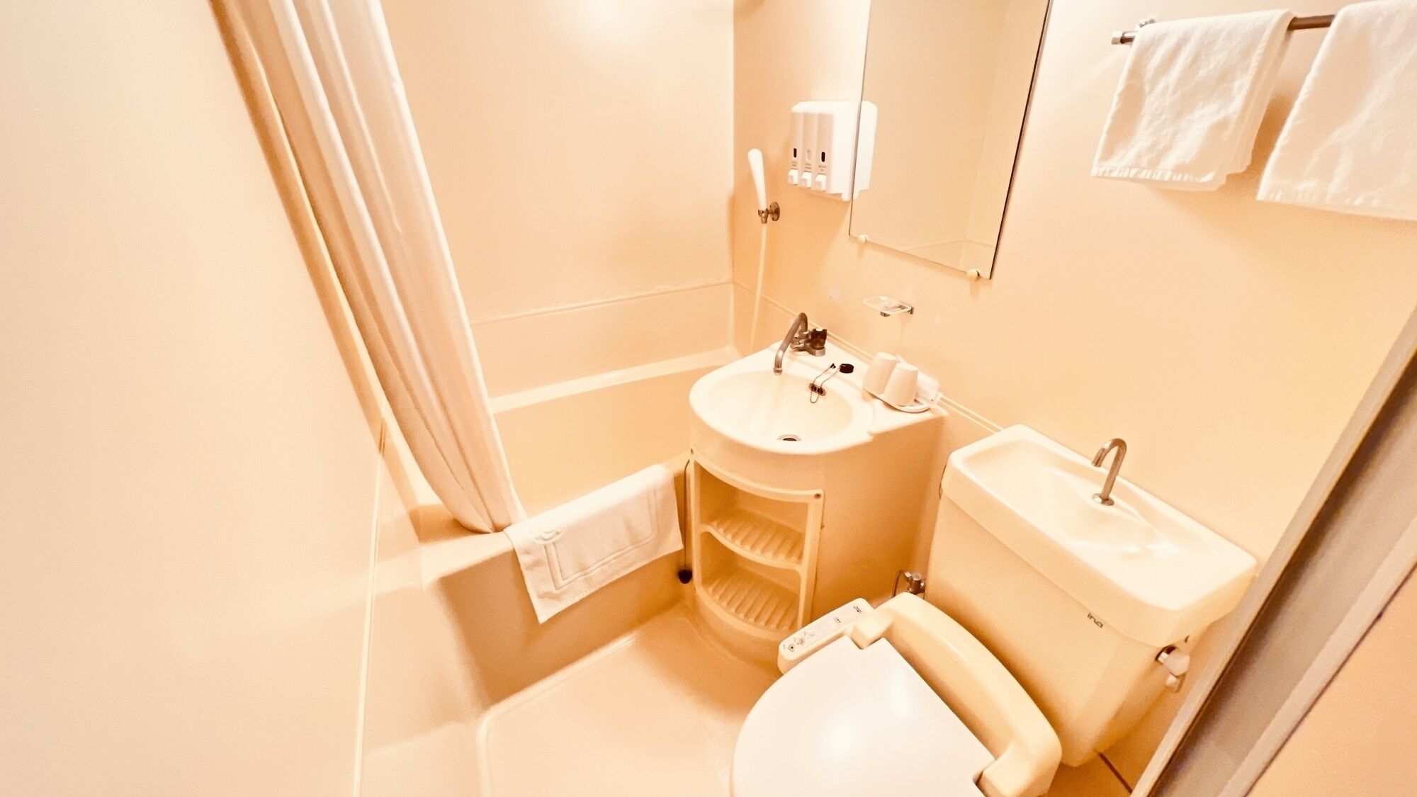 A bathroom with a toilet, sink, and shower area.