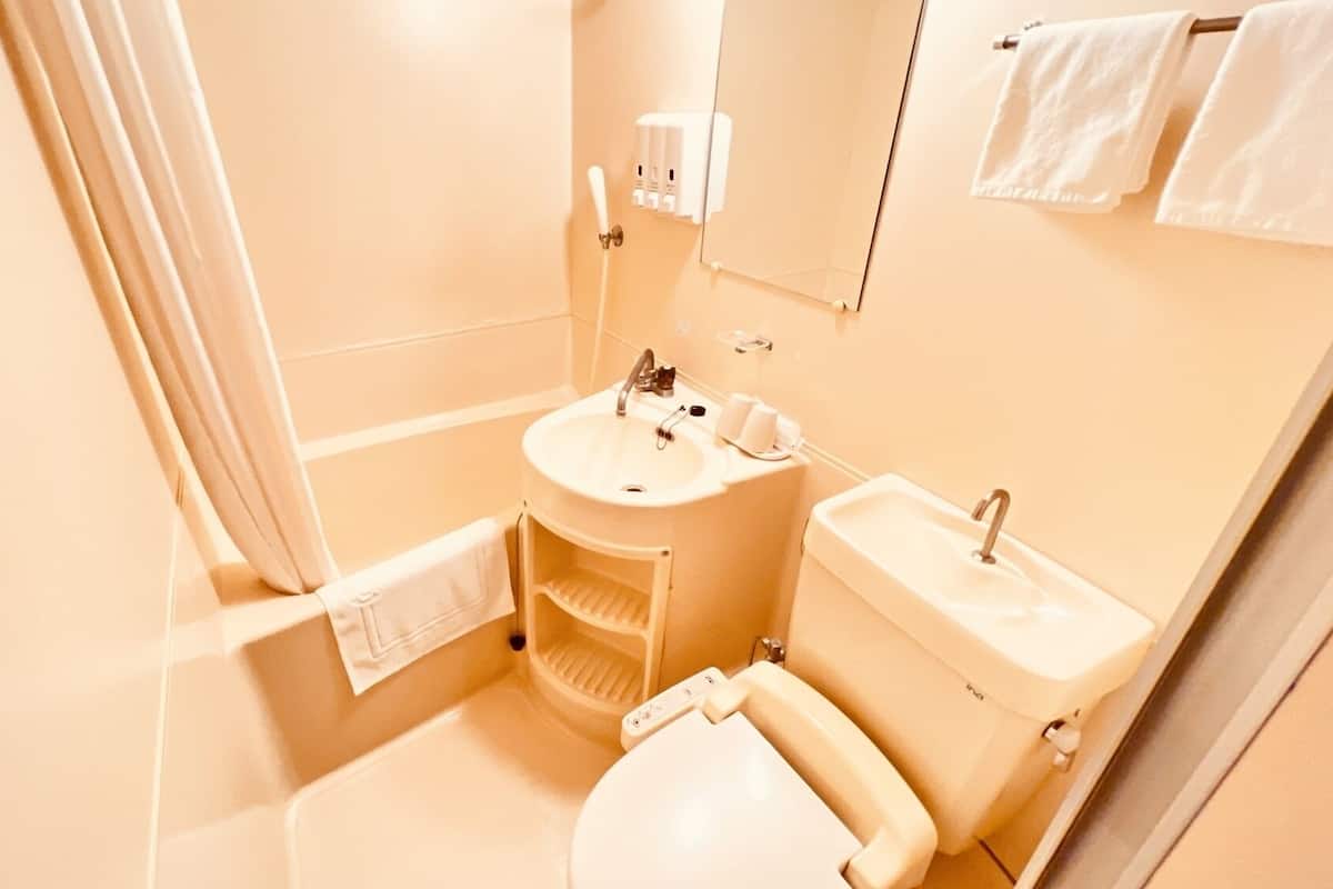 A bathroom with a toilet, sink, and shower area.