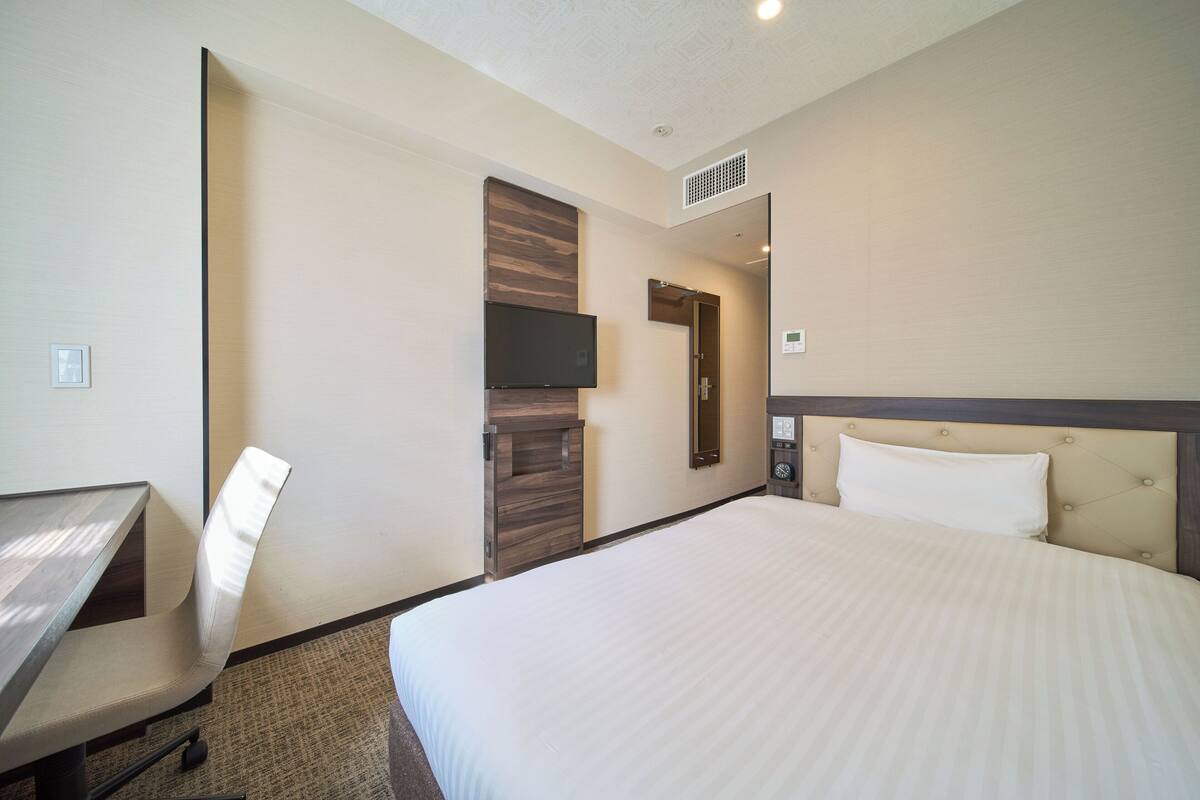 A hotel room with a bed, a desk, a chair, a television, and a door.