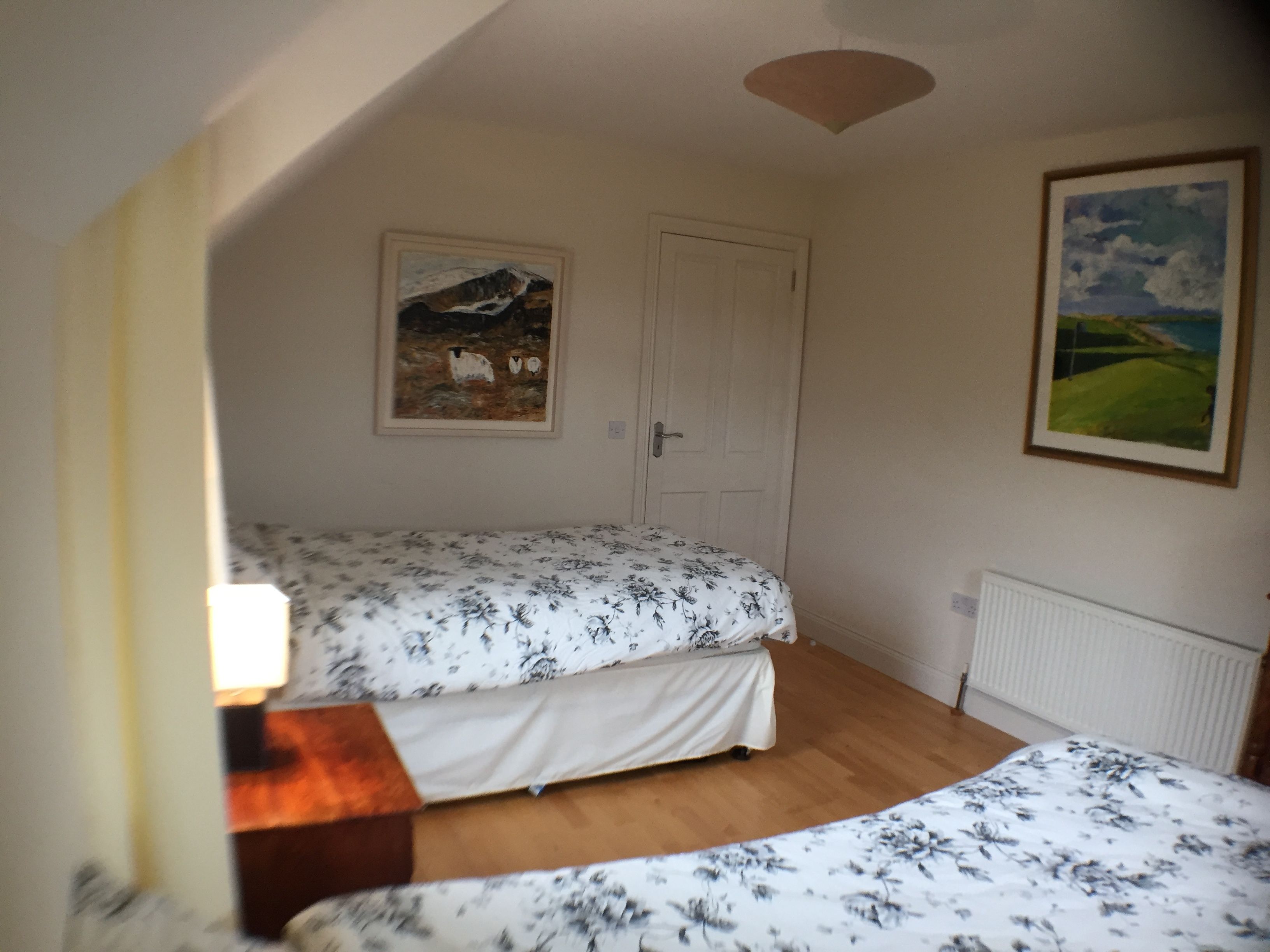 A bedroom with two beds, a door, a radiator, and two framed pictures on the wall.