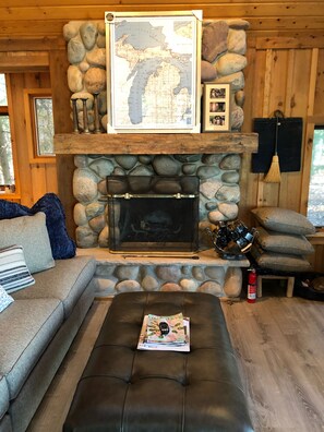 Smart TV, fireplace, video games, DVD player