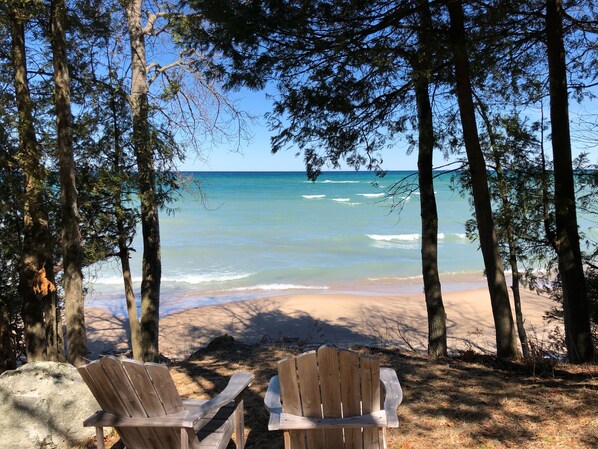 On the beach, sun loungers