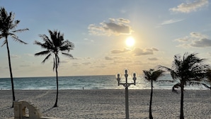 A beach with palm trees and a street lamp. - Direct Ocean & Boardwalk Views - Beautifully Appointed Condo - Parking & Wi-Fi (Hollywood)