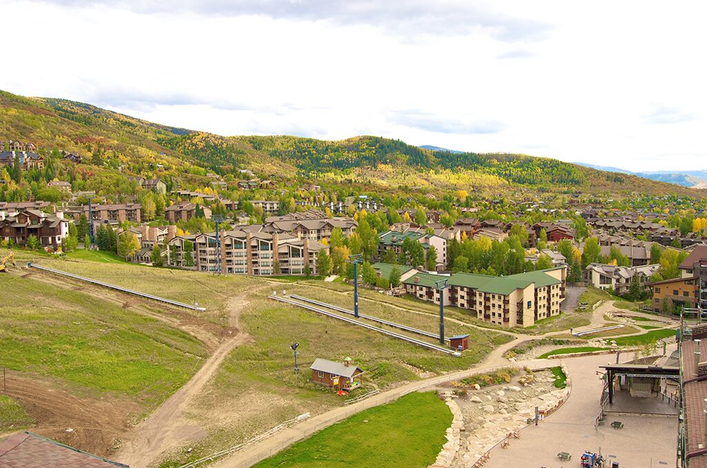 A residential area with houses, a train station, and a small building with a green roof.