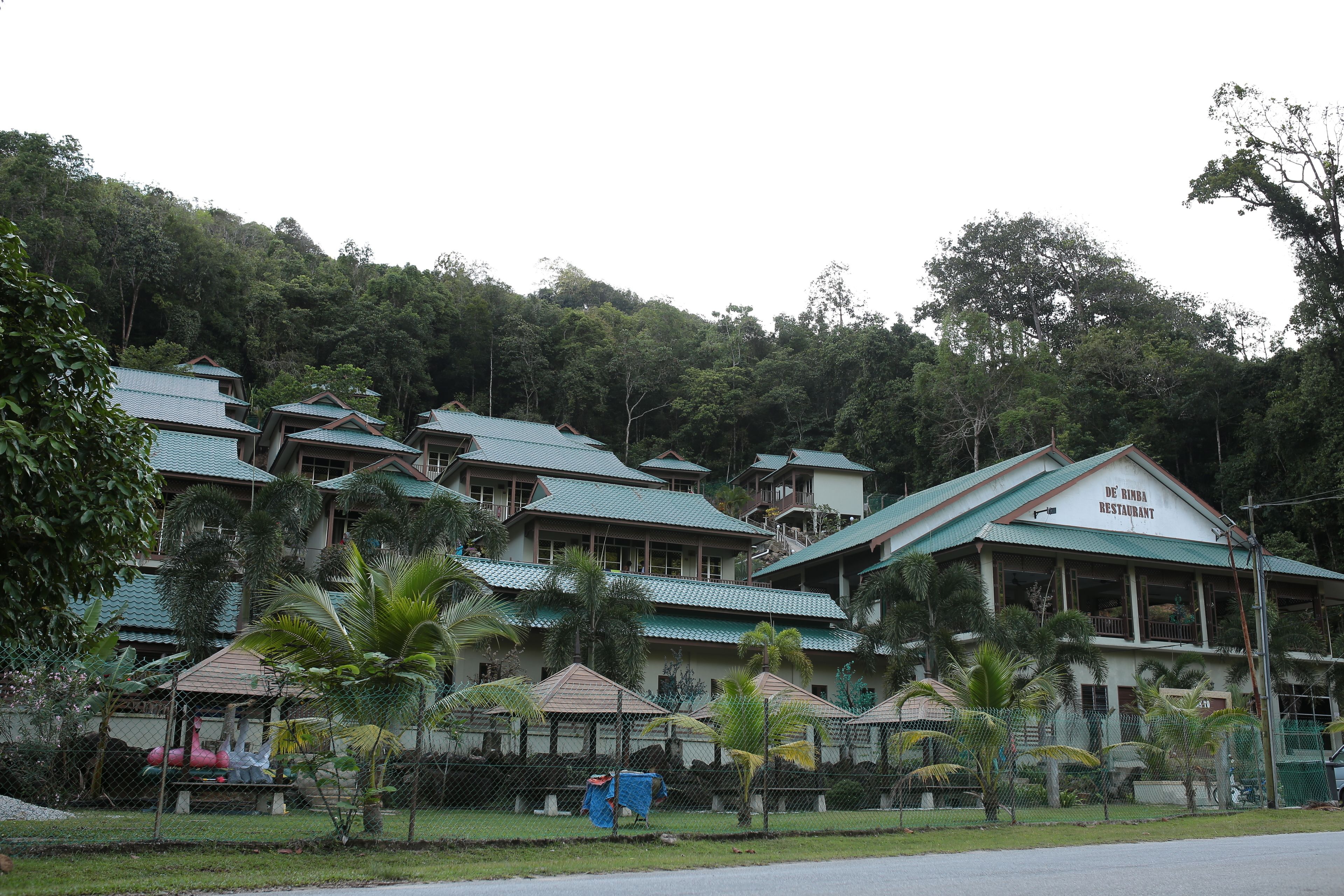 A multi-story building with a green roof, surrounded by lush greenery and palm trees.