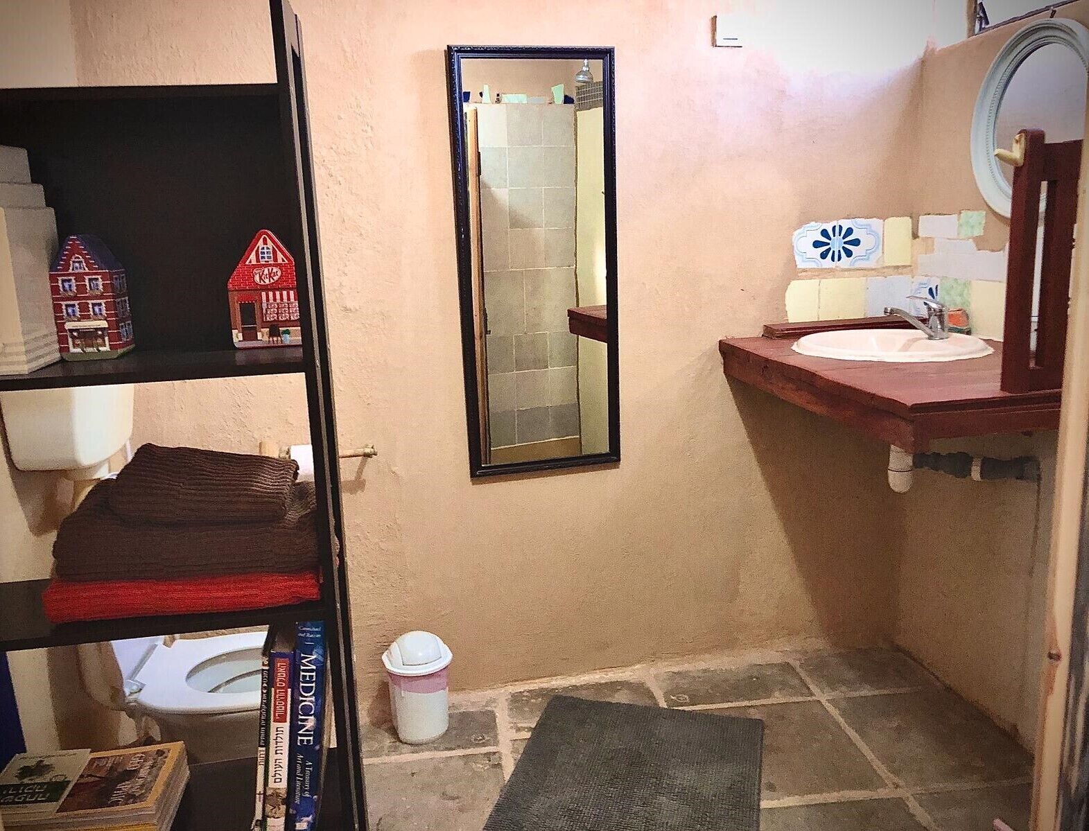 Un baño pequeño con inodoro, lavamanos, espejo y una estantería con libros y una maqueta de una casa.