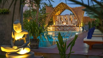 Outdoor pool, pool umbrellas, pool loungers