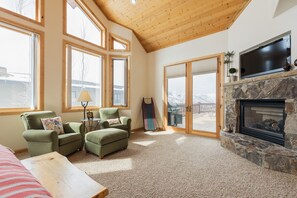 TV, fireplace, table football