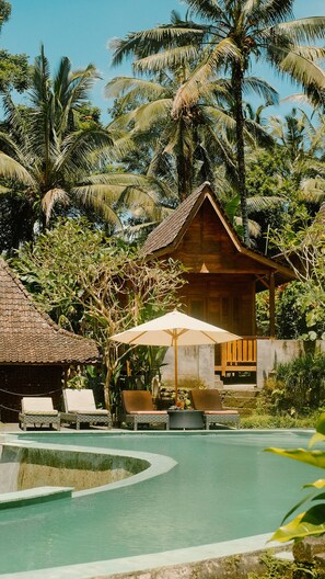A resort with a swimming pool, lounge chairs, and a wooden building surrounded by palm trees. - Song Broek Jungle Resort (Payangan)