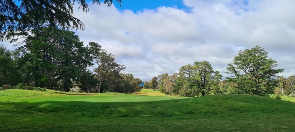 Um campo de golfe com céu azul, árvores e gramado bem cuidado.