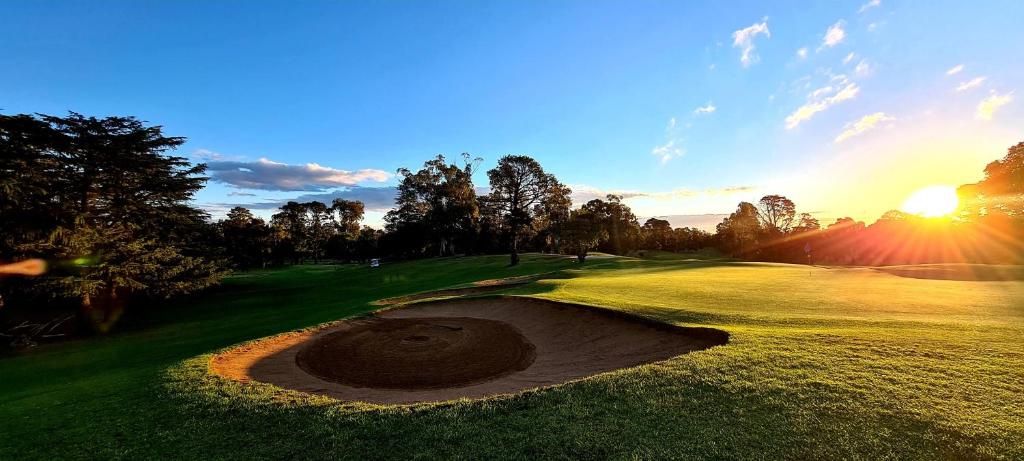 Campo de golf con un búnker de arena, árboles y cielo despejado.