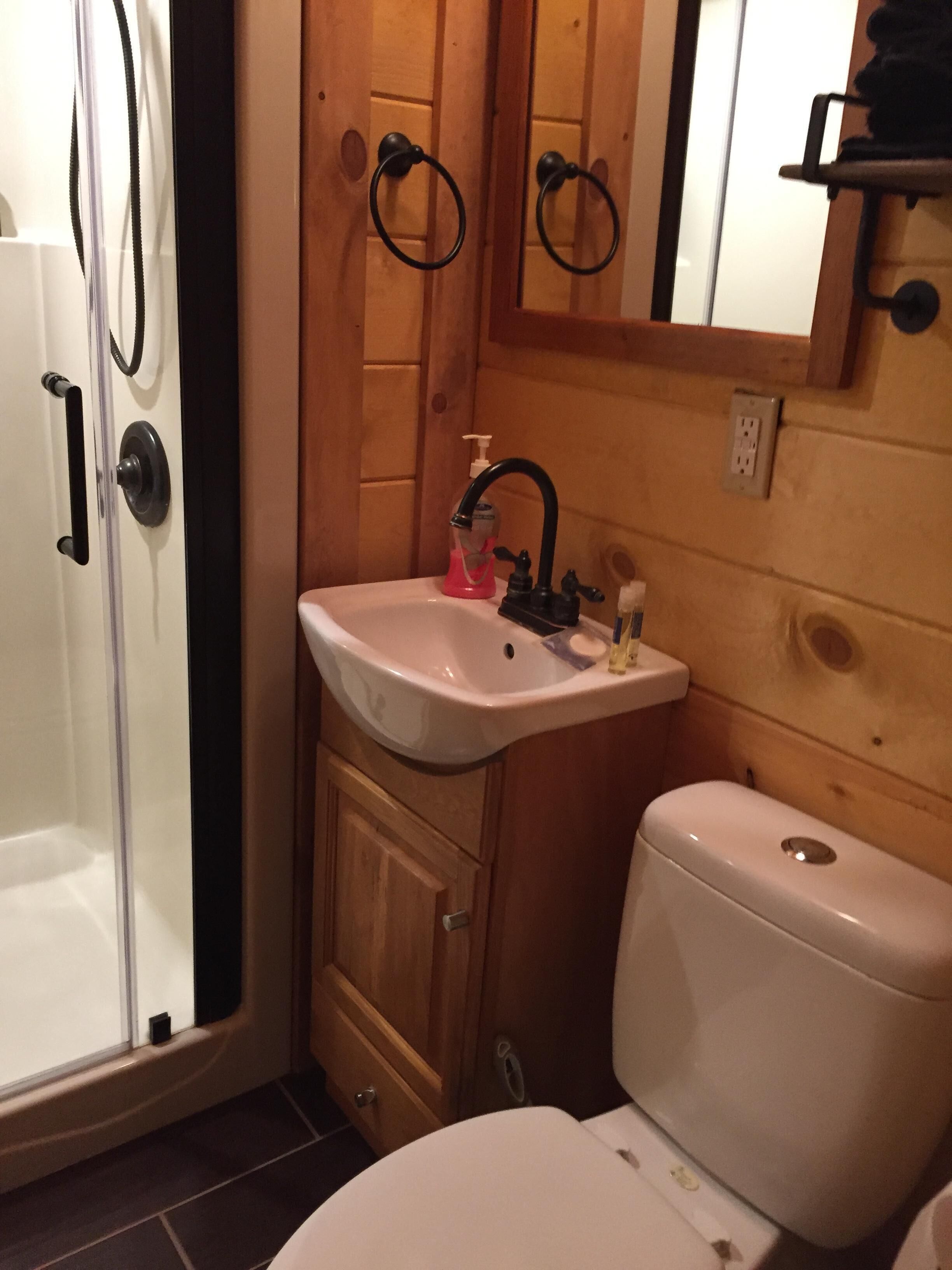 Un baño con ducha, lavabo e inodoro.