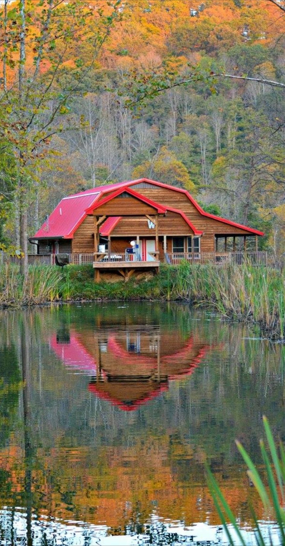 Een houten hut met een rood dak en een veranda, omgeven door herfstbladeren en een spiegelglad vijvertje.