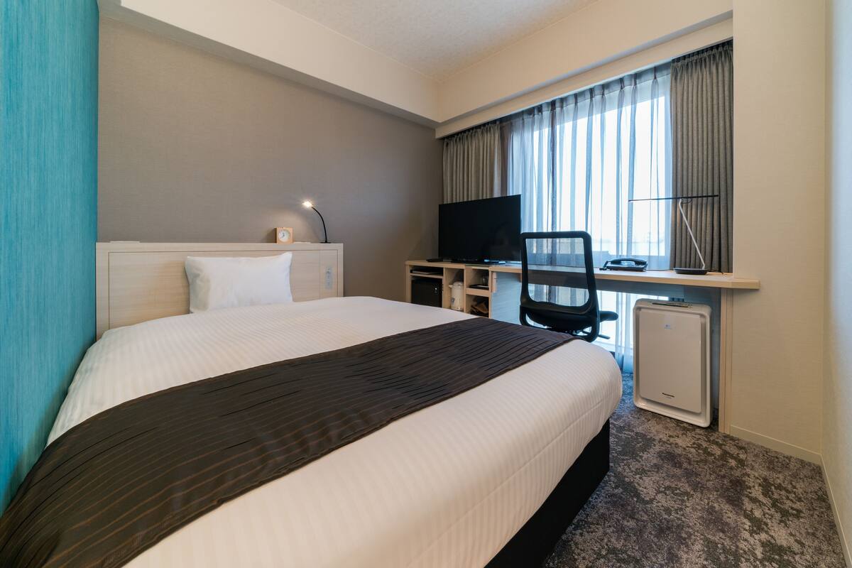 Ein Hotelzimmer mit einem großen Bett, einem Schreibtisch mit Computer, einem Fernseher und einem kleinen Heizgerät.
