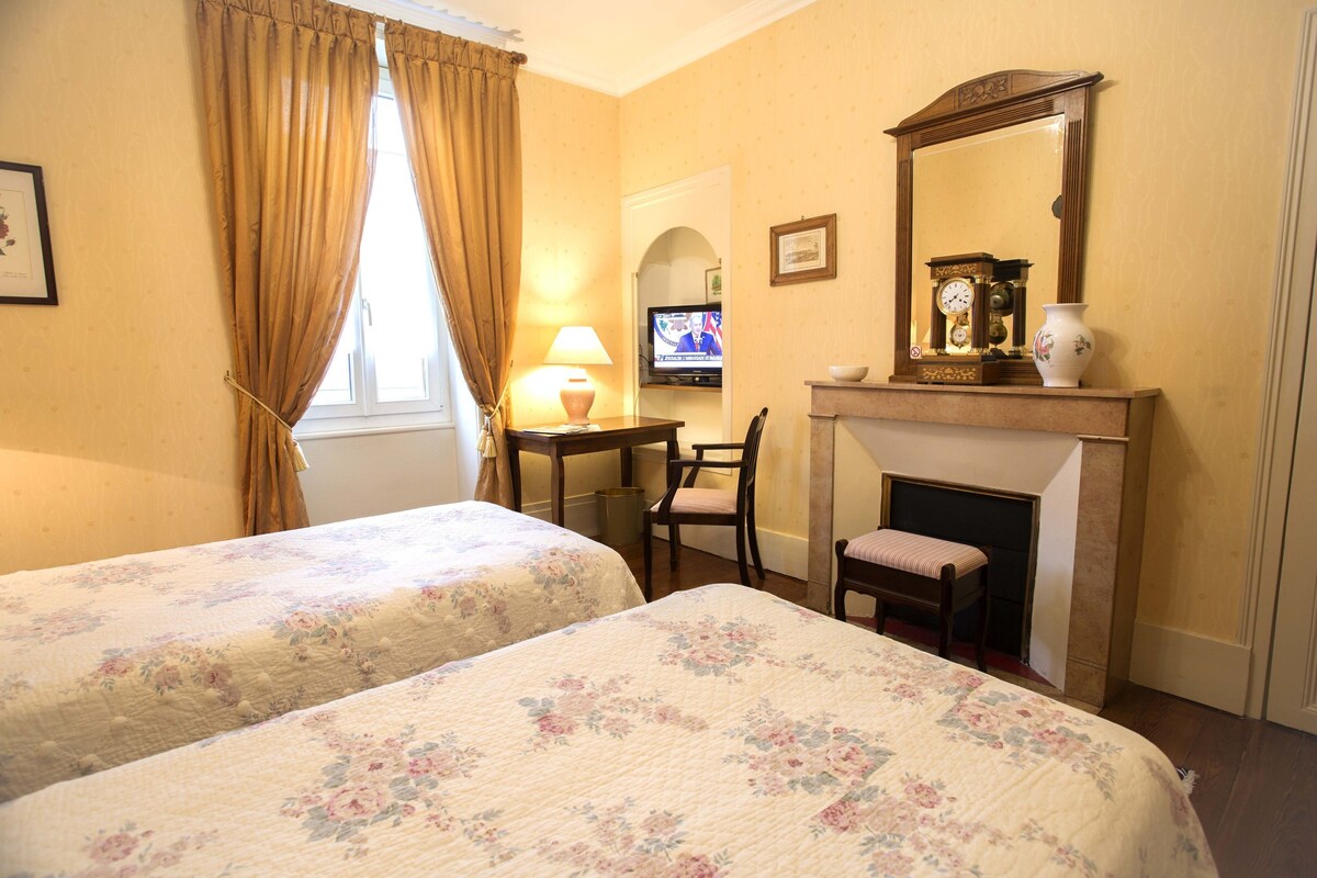Habitación de hotel con dos camas, televisión, chimenea y espejo.