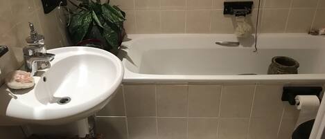 A bathroom with a white sink, a bathtub, and a white fluffy rug.