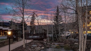 A serene outdoor area with a wooden deck, a small pond, and trees. - CX313 | Ski In/Out | Spacious Floorplan | Winter Shuttle | Great Amenities (Steamboat Springs)