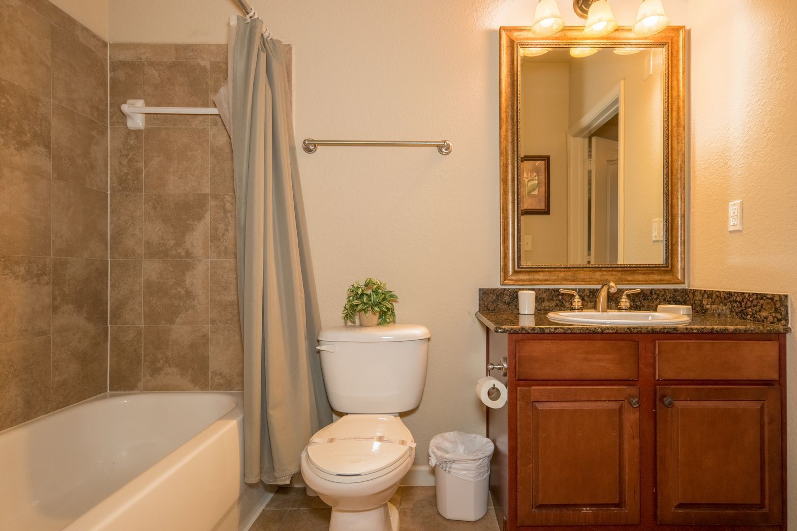 A bathroom with a bathtub, toilet, vanity with a sink, and a mirror.