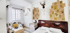Individually decorated, desk, laptop workspace, blackout drapes