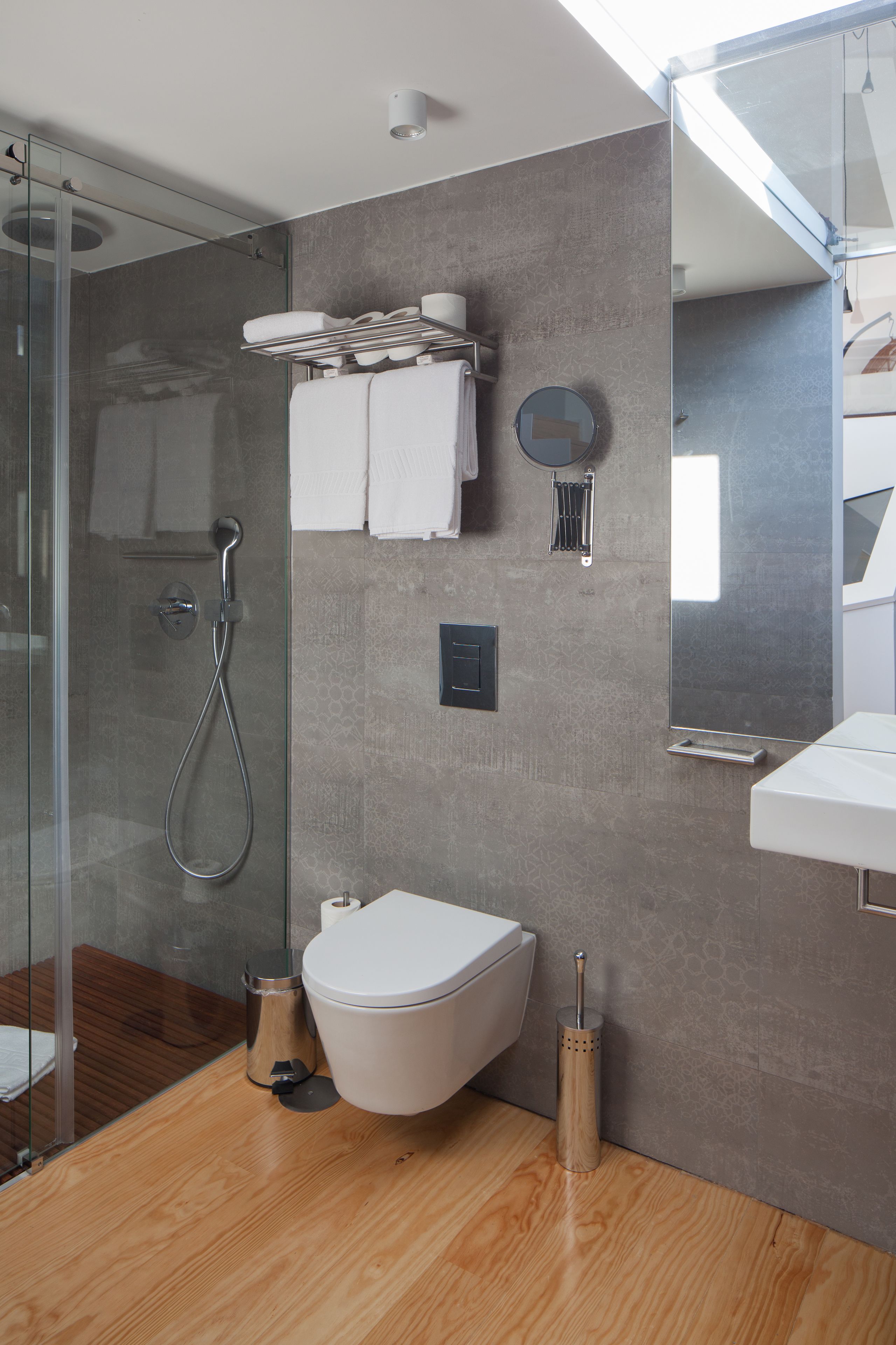 A modern bathroom with a glass shower enclosure, a toilet, a sink, and a mirror.