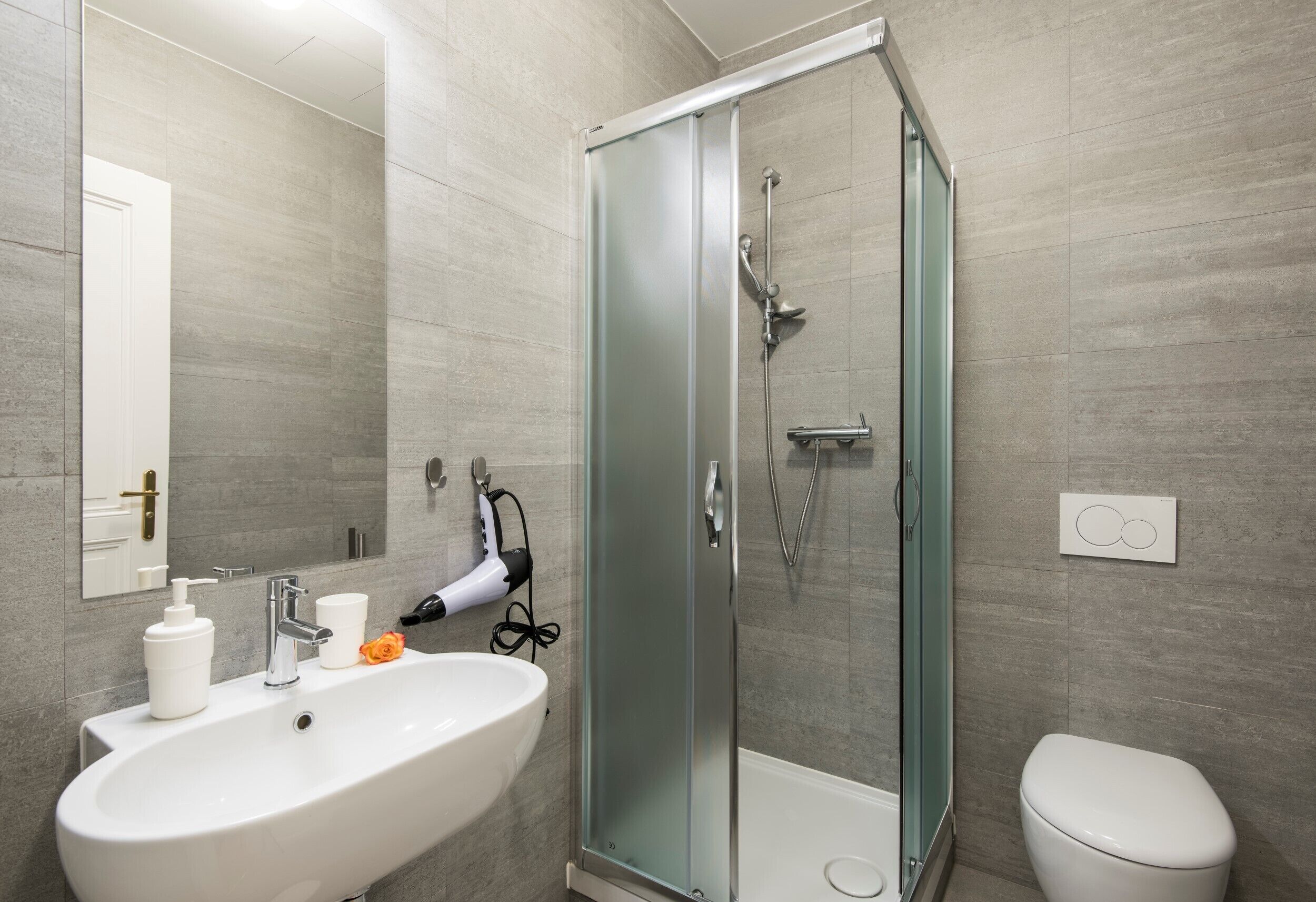 Un baño moderno con ducha envuelta en vidrio, un lavabo blanco con dispensador de jabón y un inodoro.