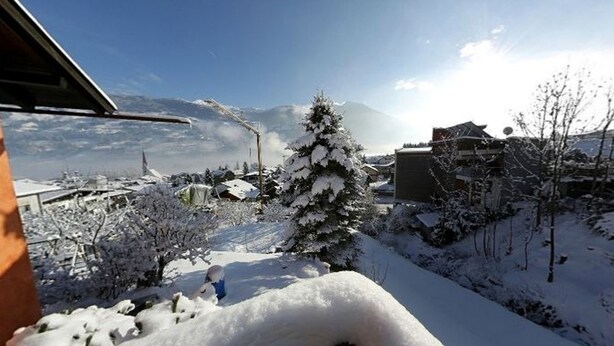 Un paisaje nevado con un árbol cubierto de nieve y edificios al fondo.