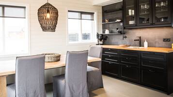 Luxury Cabin, 2 Bedrooms | Private kitchen | Full-size fridge, oven, stovetop, dishwasher