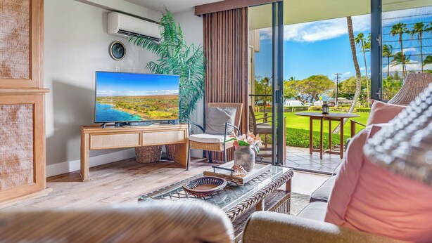 A modern living room with a television, a large potted plant, and a view of a landscaped garden through a sliding glass door.