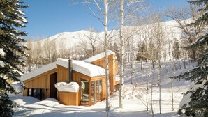 Eine Holzhütte mit geneigtem Dach, umgeben von schneebedeckten Bäumen und einem Berg im Hintergrund.