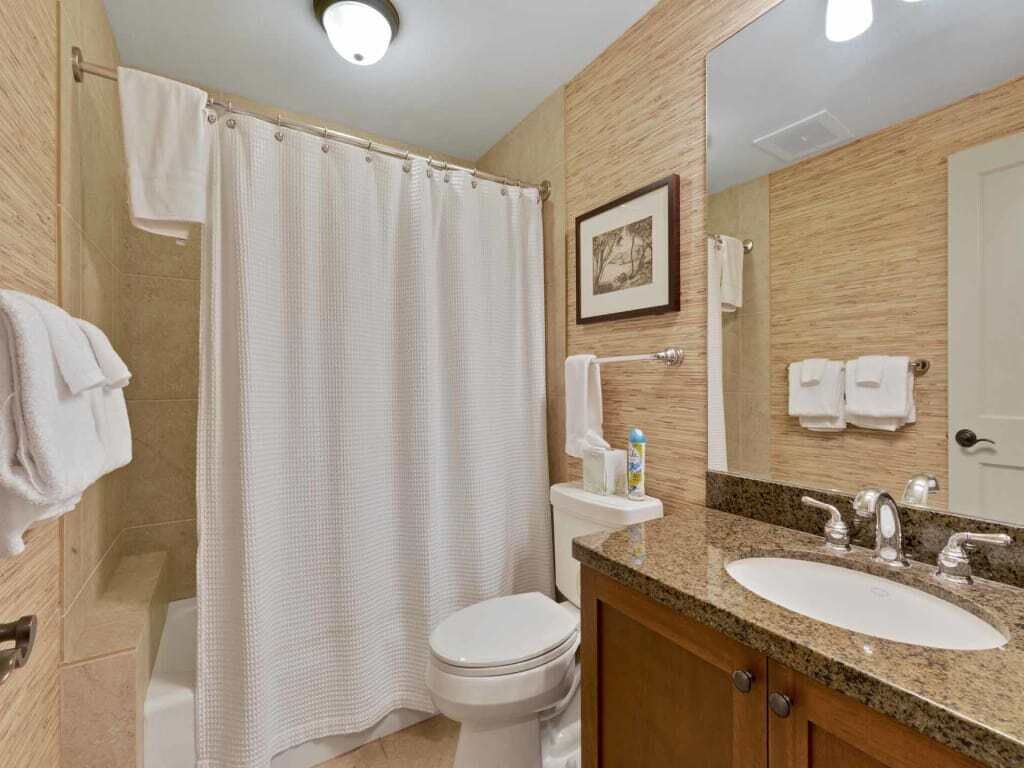 A bathroom with a shower curtain, toilet, sink, and a framed picture on the wall.