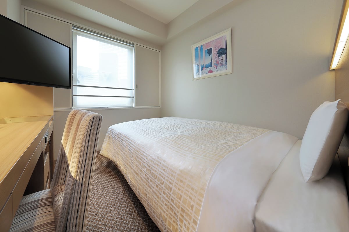 A hotel room with a bed, a desk, a chair, a television, and a window.