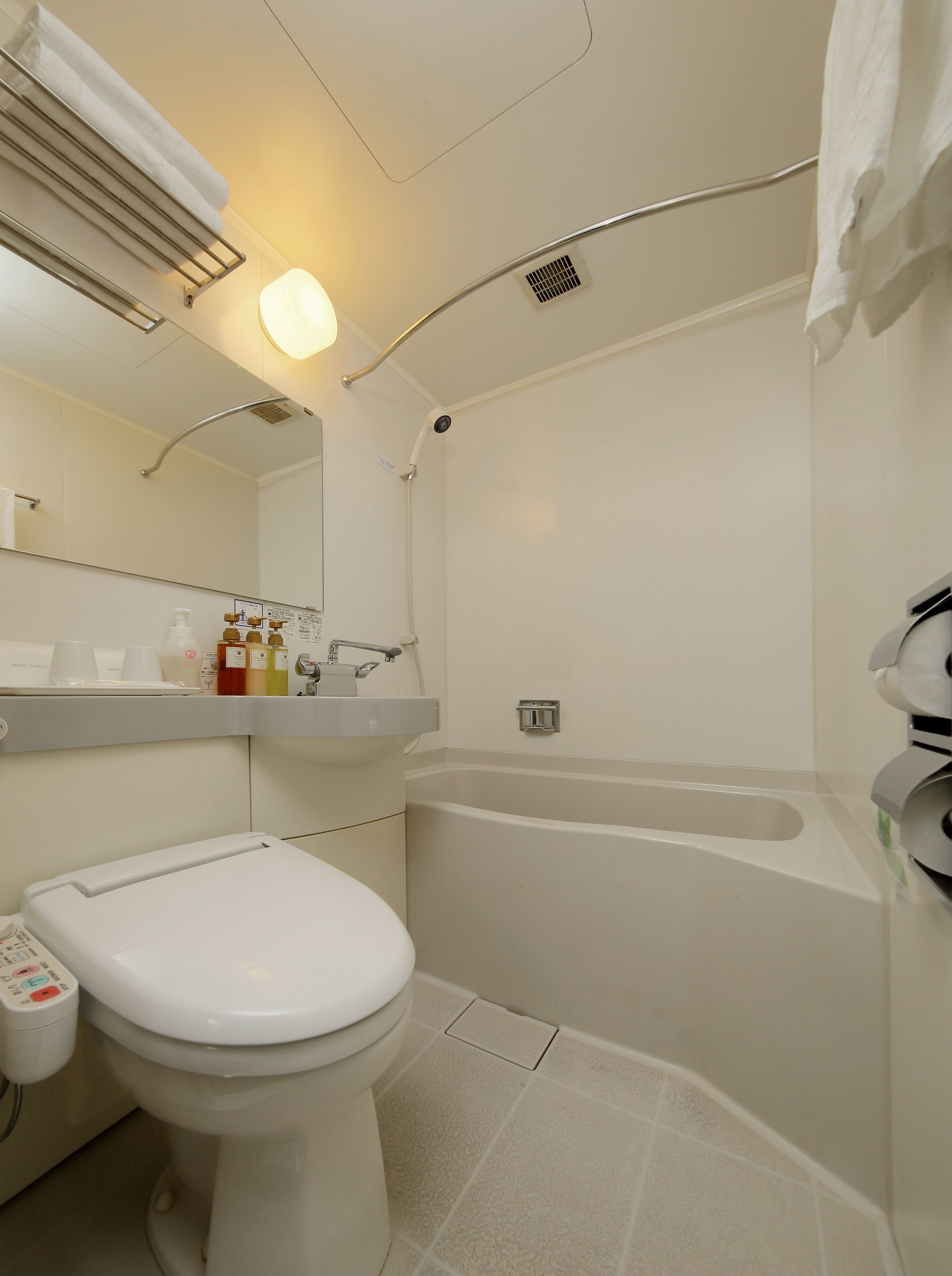 combined shower/bathtub, free toiletries, hair dryer, slippers