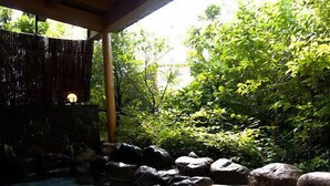 A hot spring area with a stone pool, rocks, and a bamboo fence.
