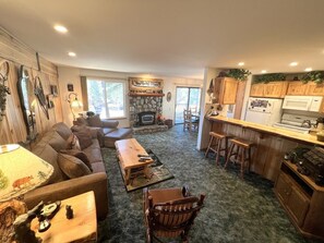 Televisión, chimenea y reproductor de DVD 