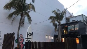 A hostel with a surfboard sign, palm trees, and a wooden fence. - 返璞歸真KO hostel 墾丁背包客棧 (Hengchun)